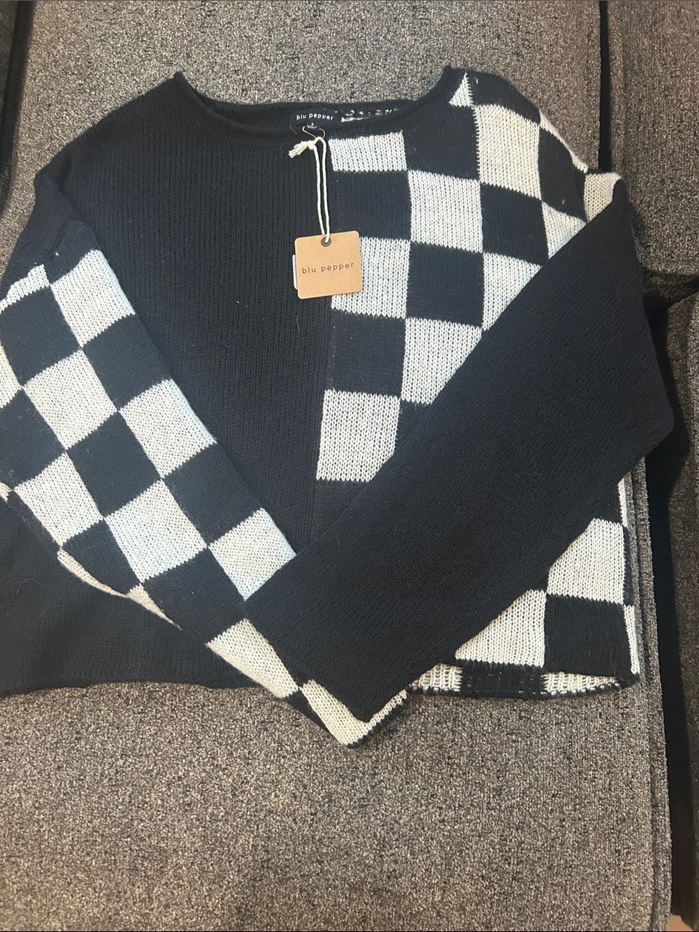 Blu Pepper Black and White Checkerboard Crewneck Sweater
